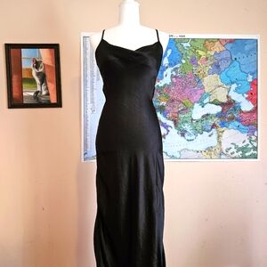 Black Satin Cowl Neck Midi Dress